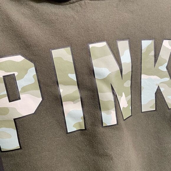 PINK Victorias Secret Army Green Black Cropped Hooded Sweater, XS - Picture 4 of 5